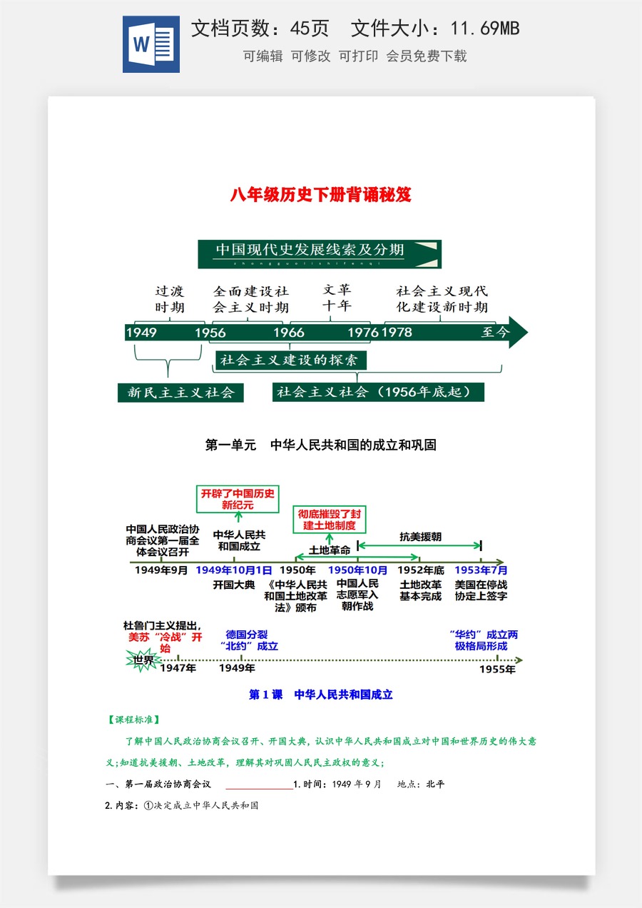 8年级下册 -初中历史常考知识点汇总（部编版）44页 – （默写版）.docx